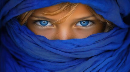 Fototapeta premium With a blue scarf wrapped around her face, a young girl gazes intently with her vibrant blue eyes, conveying a sense of innocence and curiosity in a tranquil atmosphere
