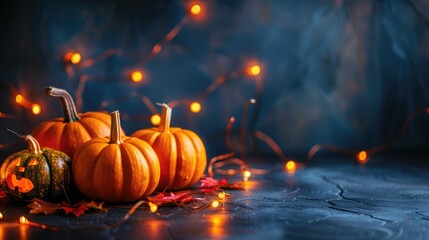 Obraz premium Spooky Halloween scene with a glowing Jack-O'-Lantern. happy Halloween. Blurred background, pumpkin and lights.