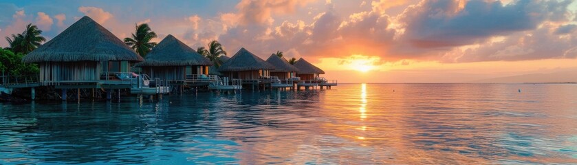 banner. Overwater bungalows at sunset over the ocean, palm trees in the background. exotic vacation and relaxation