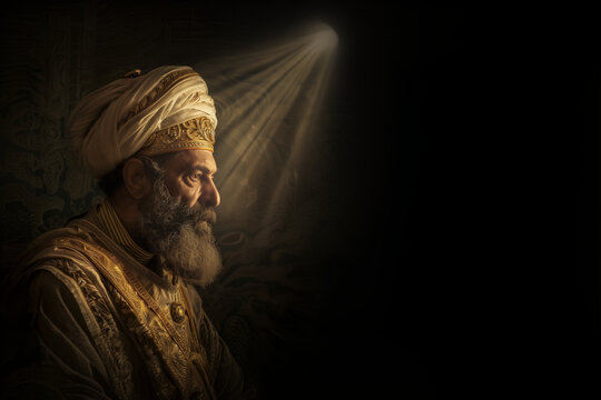 Portrait d'un homme &acirc;g&eacute; en tenue traditionnelle, Ca&iuml;phe, grand pr&ecirc;tre juif du Sanh&eacute;drin illumin&eacute; par un faisceau de lumi&egrave;re divine, espace n&eacute;gatif copyspace - mort du Christ