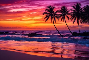 vibrant seaside sunset dark palm outlines creating stunning contrast colorful sky, beach, coastline, dusk, twilight, horizon, clouds, reflection