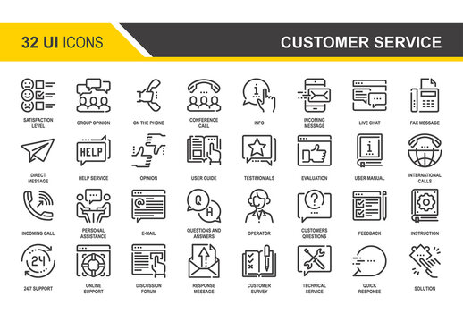 Vector set of customer service flat line web icons. Each icon with adjustable strokes neatly designed on pixel perfect 48X48 size grid. Fully editable and easy to use.