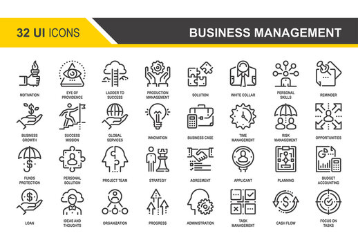 Vector set of business management flat line web icons. Each icon with adjustable strokes neatly designed on pixel perfect 48X48 size grid. Fully editable and easy to use.