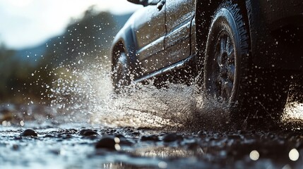 A vehicle traverses a puddle, sending water droplets flying in its wake, creating a momentary spray. 