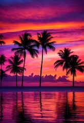 stunning palm silhouette captured backdrop vibrant sunset hues mesmerizing display colorful sky, light, landscape, tree, orange, purple, yellow, blue, clouds