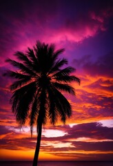 Obraz premium stunning silhouette palm tree framed vibrant sunset sky dramatic colors striking visual contrast, clouds, twilight, horizon, orange, yellow, red, blue, light