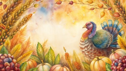 Watercolor Turkey in Autumn Scene with Harvest Elements and Copy Space
