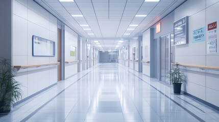 The interior design features a sleek and contemporary white corridor or hallway within a modern luxurious building. The space is designed with a minimalist approach, incorporating stylish waiting seat