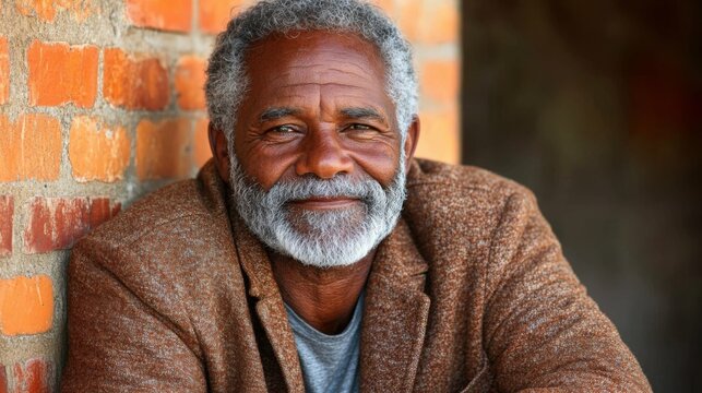 A multiracial man enjoys a moment of relaxation, leaning against a textured brick wall. His friendly smile reflects the warmth of the late afternoon sun. He radiates calmness and positivity