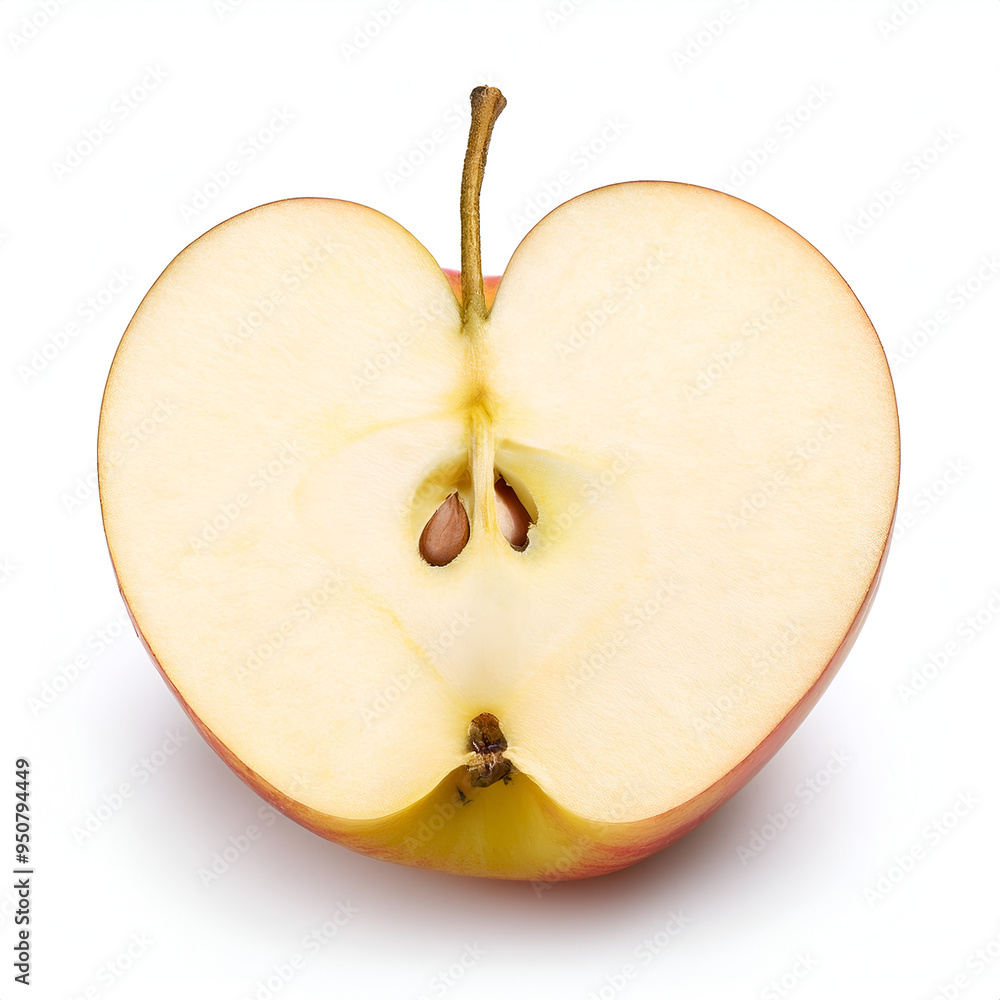 Wall mural Sliced red apple revealing white flesh and seeds on a plain background in a kitchen setting