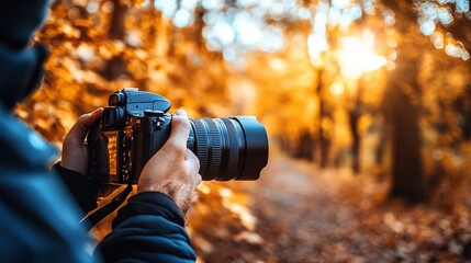 Photographer framing a beautiful outdoor scene with a camera