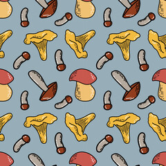 Seamless pattern mushrooms and leaves in trendy color