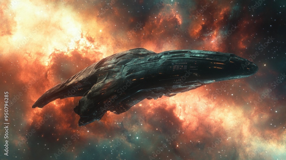 Poster a futuristic spaceship navigating through a starry nebula