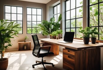 Fototapeta premium serene workspace featuring tranquil nature views lush greenery soothing natural light enhanced productivity, environment, plants, window, desk, comfortable