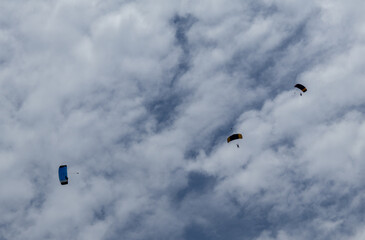 3 unknown subjects paragliding in the blue sky.
