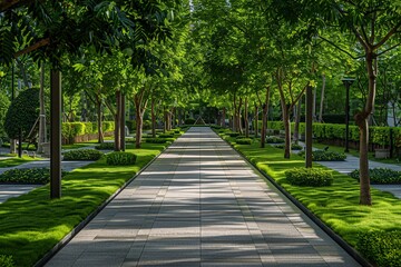 Obraz premium Walkway in the park with green grass and trees in summer.