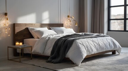 A Bed In White Room With Cinematic Lights, A Modern Bed In White Bedroom