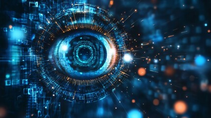 Obraz premium Digital eye, data network, and cyber security technology, vector background. Futuristic tech of virtual cyberspace and internet secure surveillance, binary code digital eye or safety scanner. 