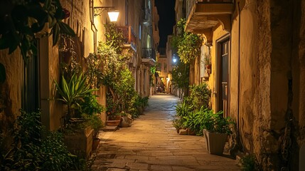 Naklejka premium The illuminated alley Antoni Gampa with green plants and balconies in the old town of Chania, Crete, Greece, October 13, 2021