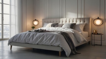 Obraz premium A Bed In White Room With Cinematic Lights, A Modern Bed In White Bedroom