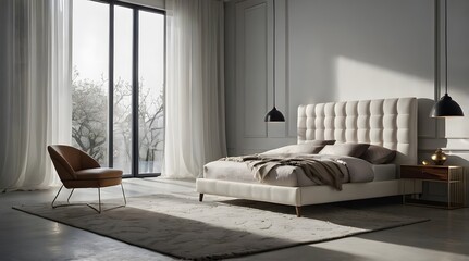 A Bed In White Room With Cinematic Lights, A Modern Bed In White Bedroom