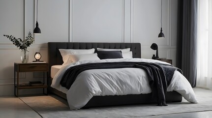 A Bed In White Room With Cinematic Lights, A Modern Bed In White Bedroom