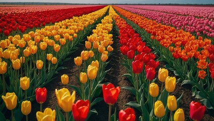 Field of vibrant tulips stretching to the horizon.