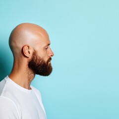 Fototapeta premium Profile Portrait of Bearded Bald Man in Front of a Light Blue Background