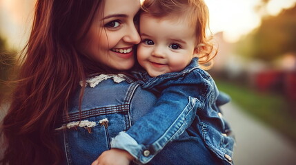 Fototapeta premium Joyful Mother Daughter Embrace Warmth Nature Smiles Happiness Denim Connection Love