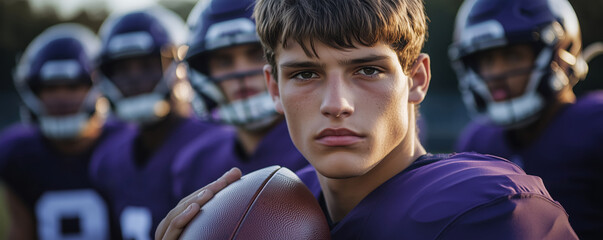 American football player holding a football and standing with his teammates