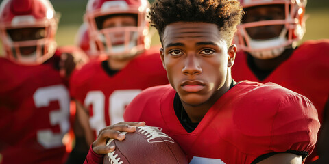 American football player holding a football and standing with his teammates