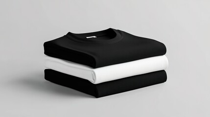 A mockup of two folded black and white t-shirts stacked on top of each other, placed against an isolated background.
