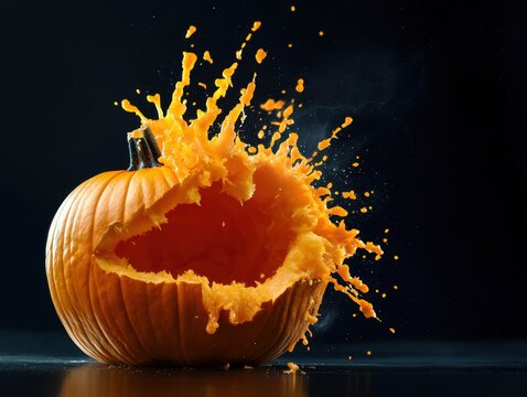 Vibrant Splashing Pumpkin Explosion Halloween Dark Background - Powered by Adobe