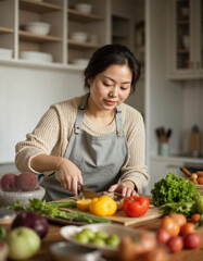 Middle-aged Asian woman chopping vegetables