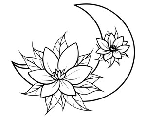 floral moon line art illustration,Moon SVG Bundle, Floral Moon svg, Mystic Celestial Svg, Moon and Stars SVG, Crescent Moon Svg, Flower svg, Cut File for Cricut, Silhouette