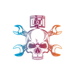 Mechanic logo with skull, pistons and crossed wrenches. Original vector illustration in vintage style isolated on white background. T-shirt design.