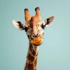 Fototapeta premium Close-Up Portrait of a Giraffe Against Light Blue Background with Playful Expression