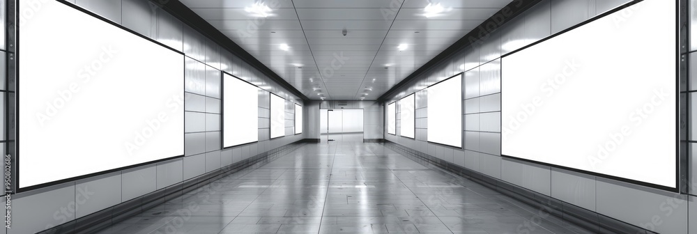 Poster horizontal empty advertising banner mockup in an underground tunnel display space with lightbox temp