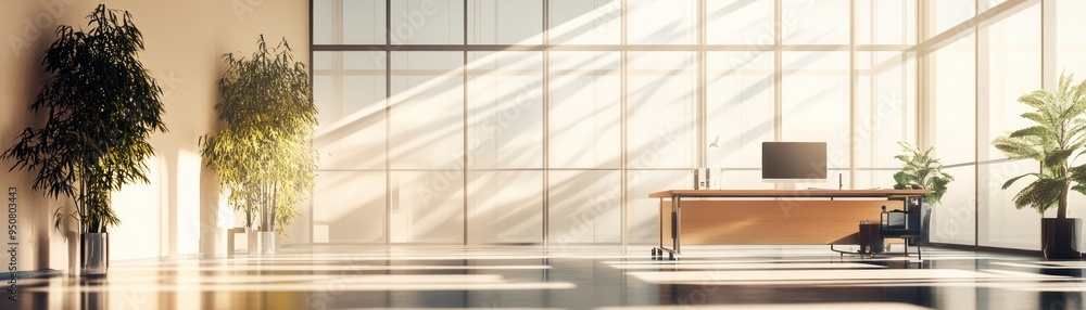 Poster a modern office space with large windows and sunlight streaming through