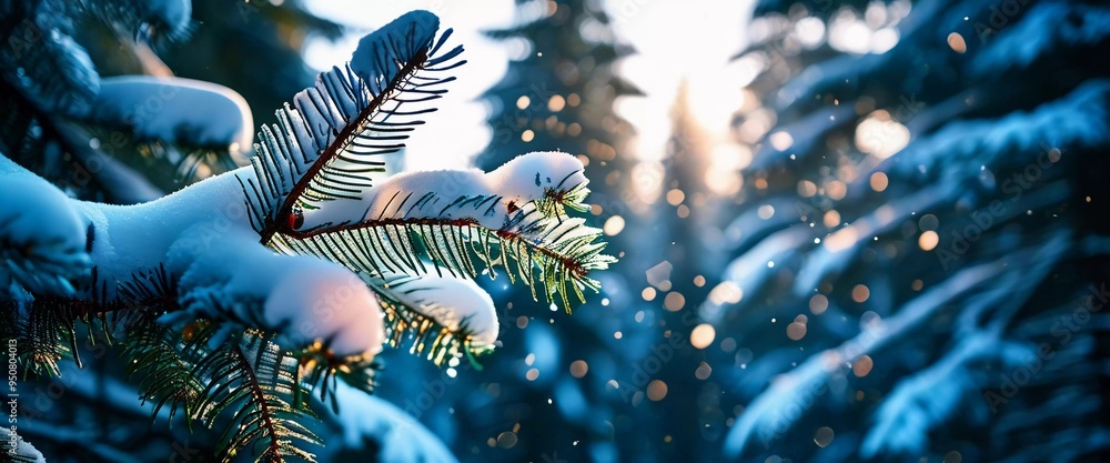 Poster a serene spruce forest blanketed in winter snow, showcasing frosted trees and gentle snowfall, creat