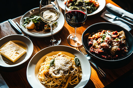 Plat de spaghettis avec formage r&acirc;p&eacute;, verre de vin rouge et plats sur une table