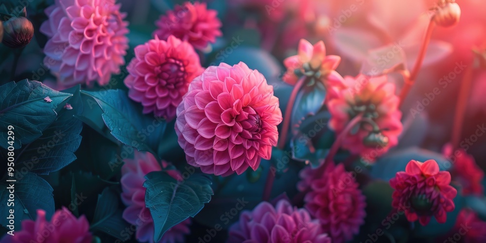 Poster blooming ball and pompon dahlia kardinal with bright pink honeycomb flowers in the garden