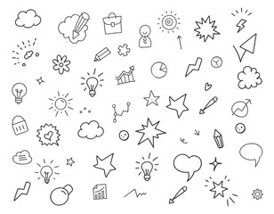 Abstract doodle elements. Decorative hand-drawn illustrations in the sketch style. Business icons, arrows, stars, flowers, hearts, decorative symbols and signs. Vector illustration isolated on a white