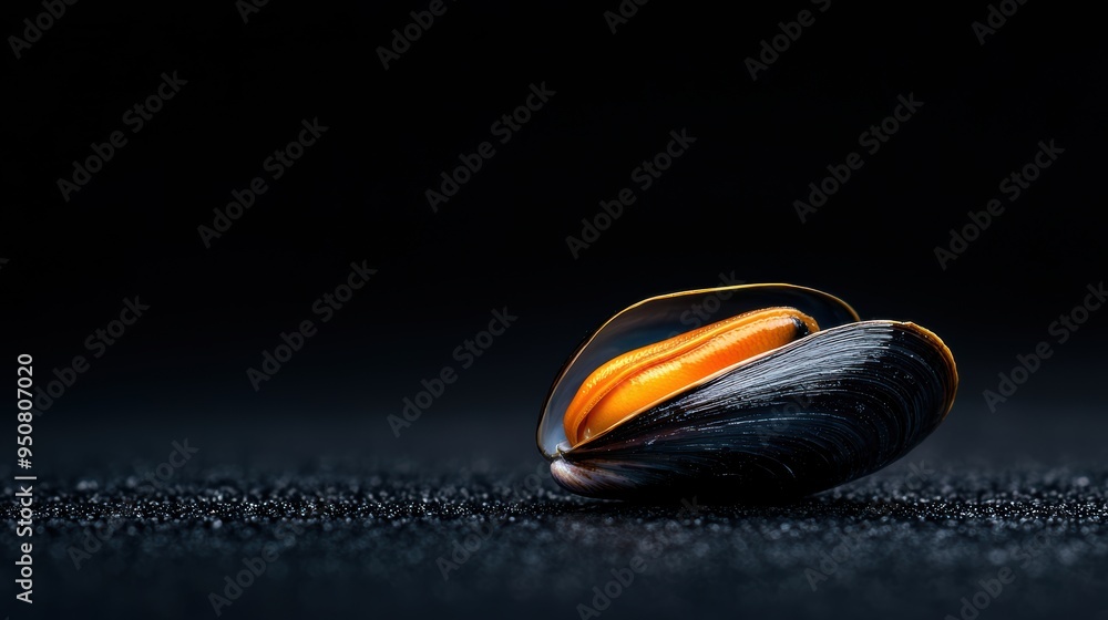 Poster close-up of a single mussel shell on dark surface showing texture and detail