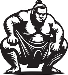 A black and white sumo wrestler silhouette design