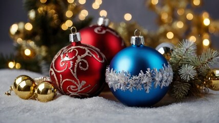 Fototapeta premium colorful Christmas tree decorations on a snowy background