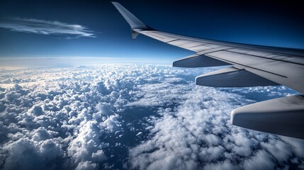 Obraz premium Through an airplane window, a breathtaking panorama unfolds: a tapestry of clouds billowing softly below, their ethereal forms casting an enchanting spell.