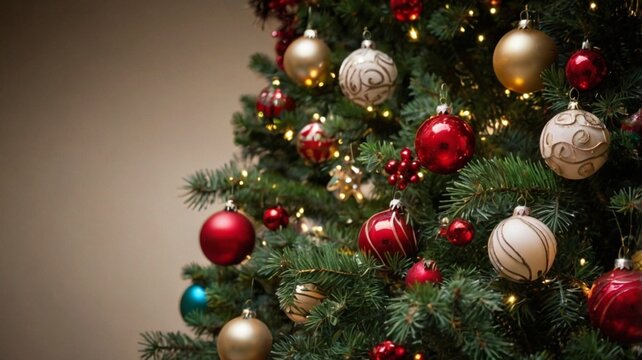 colorful christmas tree decorations on a christmas tree close up