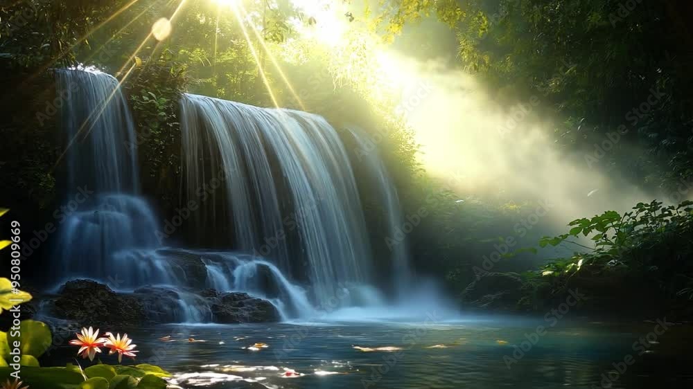 Poster a peaceful waterfall flows into a clear pool, illuminated by sunlight filtering through the trees, c