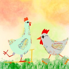 crazy funny chicken on a scooter goes to meet funny easter chicken on rollerblades 